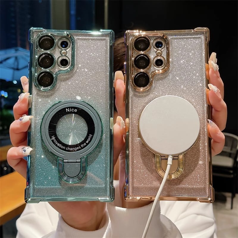 Elektropläterat Glitter Fyra hörn Airbagskydd Magnetfodral med osynligt stativ