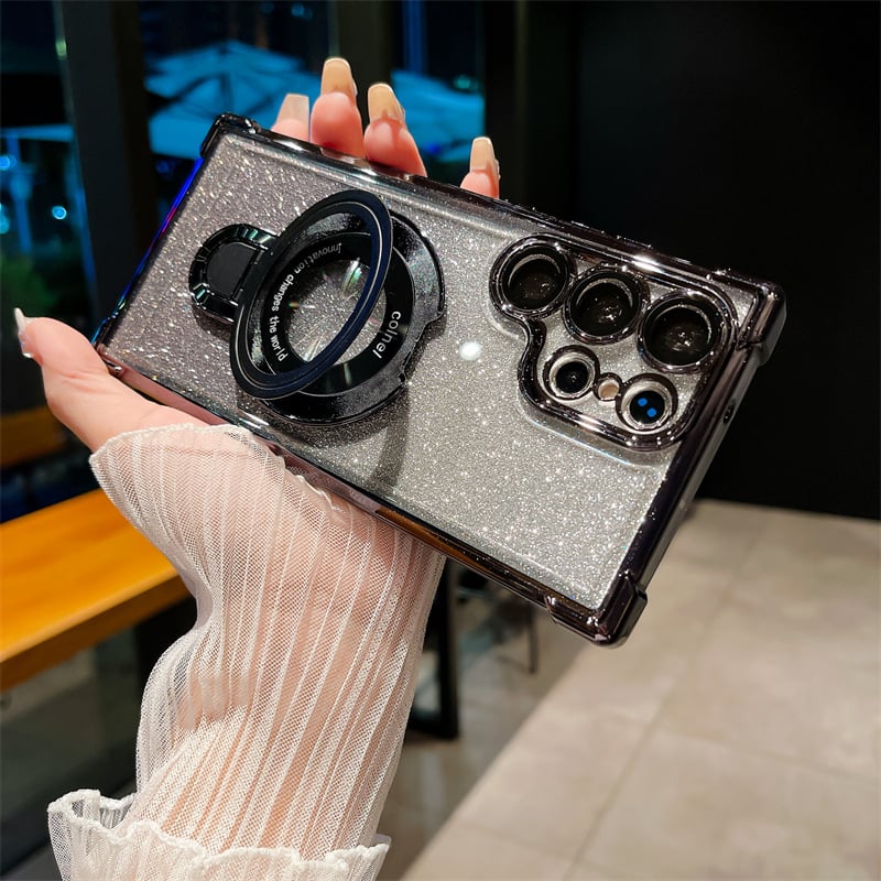 Elektropläterat Glitter Fyra hörn Airbagskydd Magnetfodral med osynligt stativ
