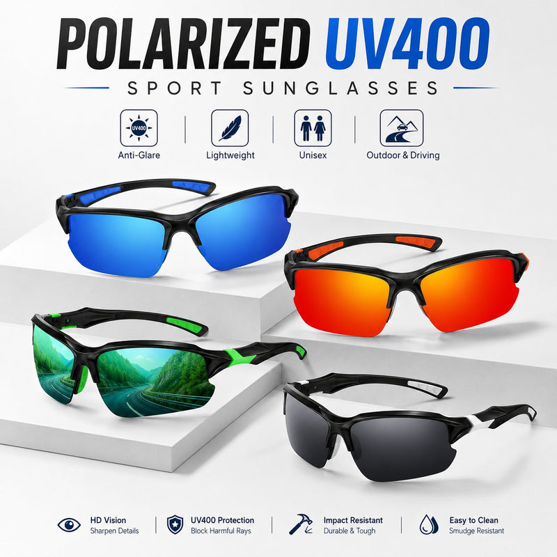 Polarised UV400 sports sunglasses – Unisex sunglasses for outdoor activities and drivin