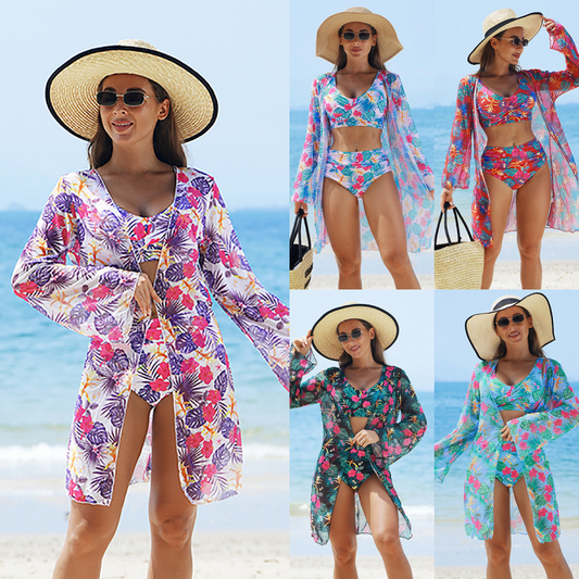 Modisches, mehrfarbig bedrucktes 3-teiliges Bikini-Badeanzug-Set für Damen/Fashionable multi-coloured printed 3-piece bikini swimsuit set for women