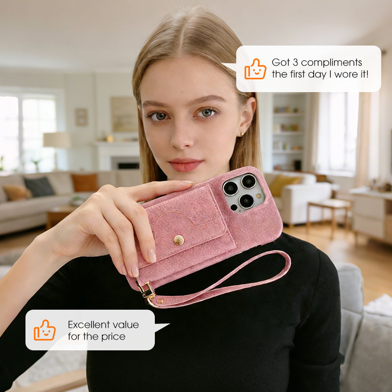 🔥Protective pink cell phone case with mirror and wrist strap